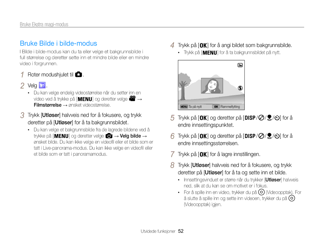 Samsung EC-WB850FBPBE2 manual Bruke Bilde i bilde-modus, Trykk på for å angi bildet som bakgrunnsbilde 