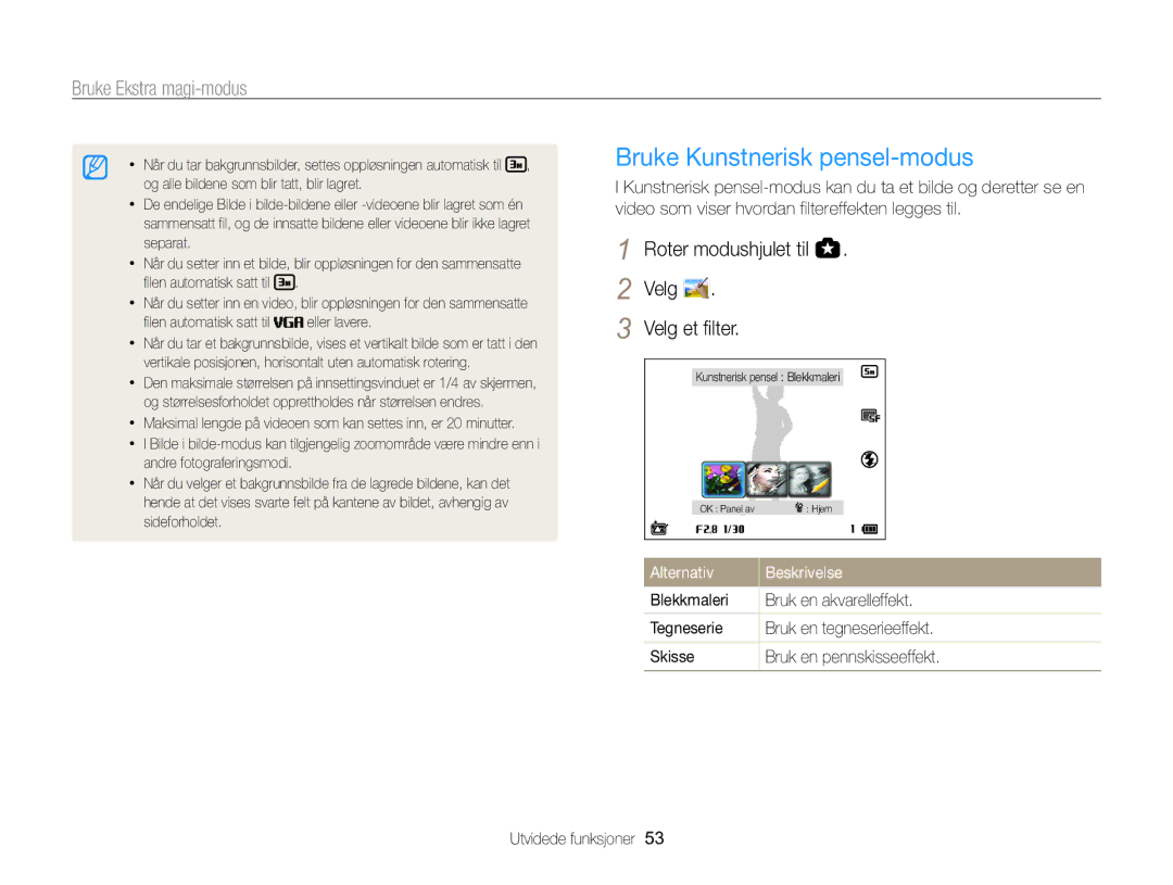 Samsung EC-WB850FBPBE2 manual Bruke Kunstnerisk pensel-modus, Roter modushjulet til Velg Velg et filter 