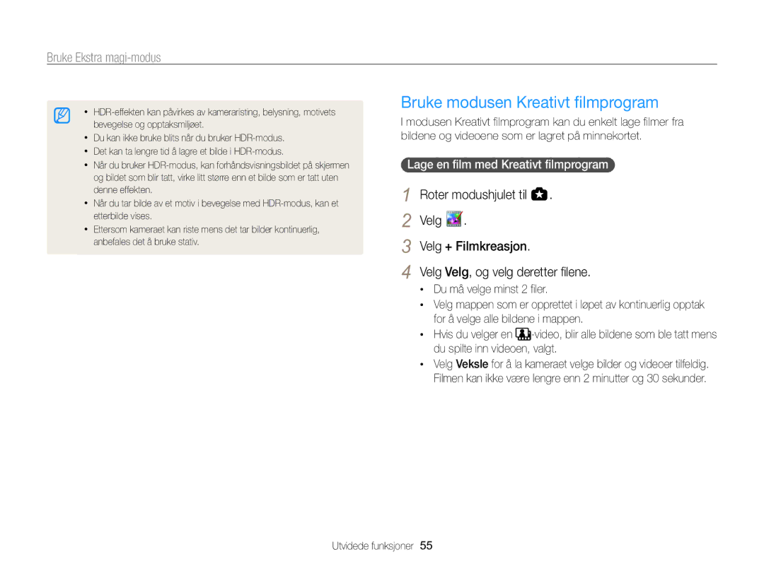 Samsung EC-WB850FBPBE2 manual Bruke modusen Kreativt filmprogram, Lage en film med Kreativt filmprogram 
