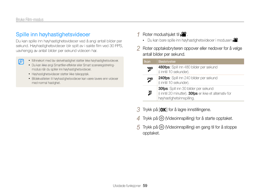 Samsung EC-WB850FBPBE2 manual Spille inn høyhastighetsvideoer 