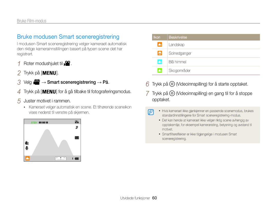 Samsung EC-WB850FBPBE2 manual Bruke modusen Smart sceneregistrering, Landskap 