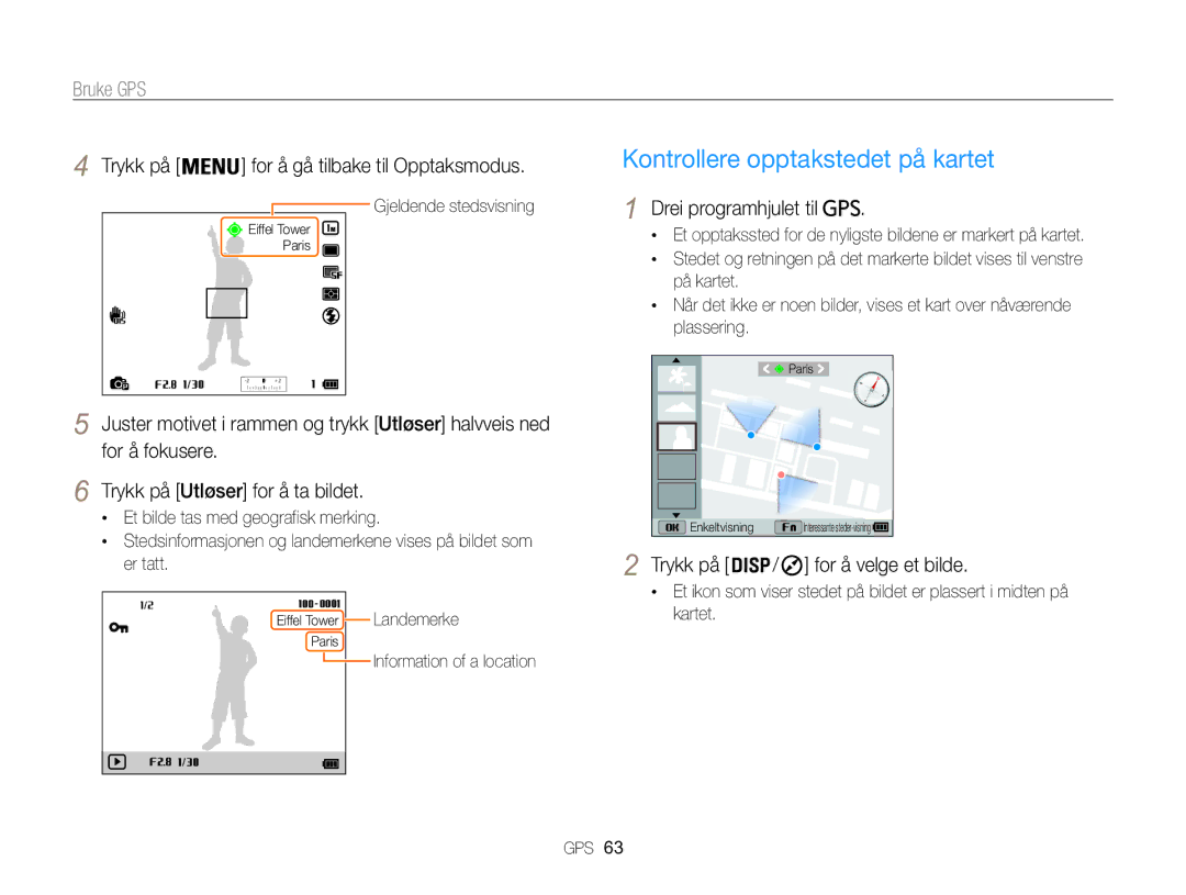 Samsung EC-WB850FBPBE2 manual Kontrollere opptakstedet på kartet, Bruke GPS, Drei programhjulet til 