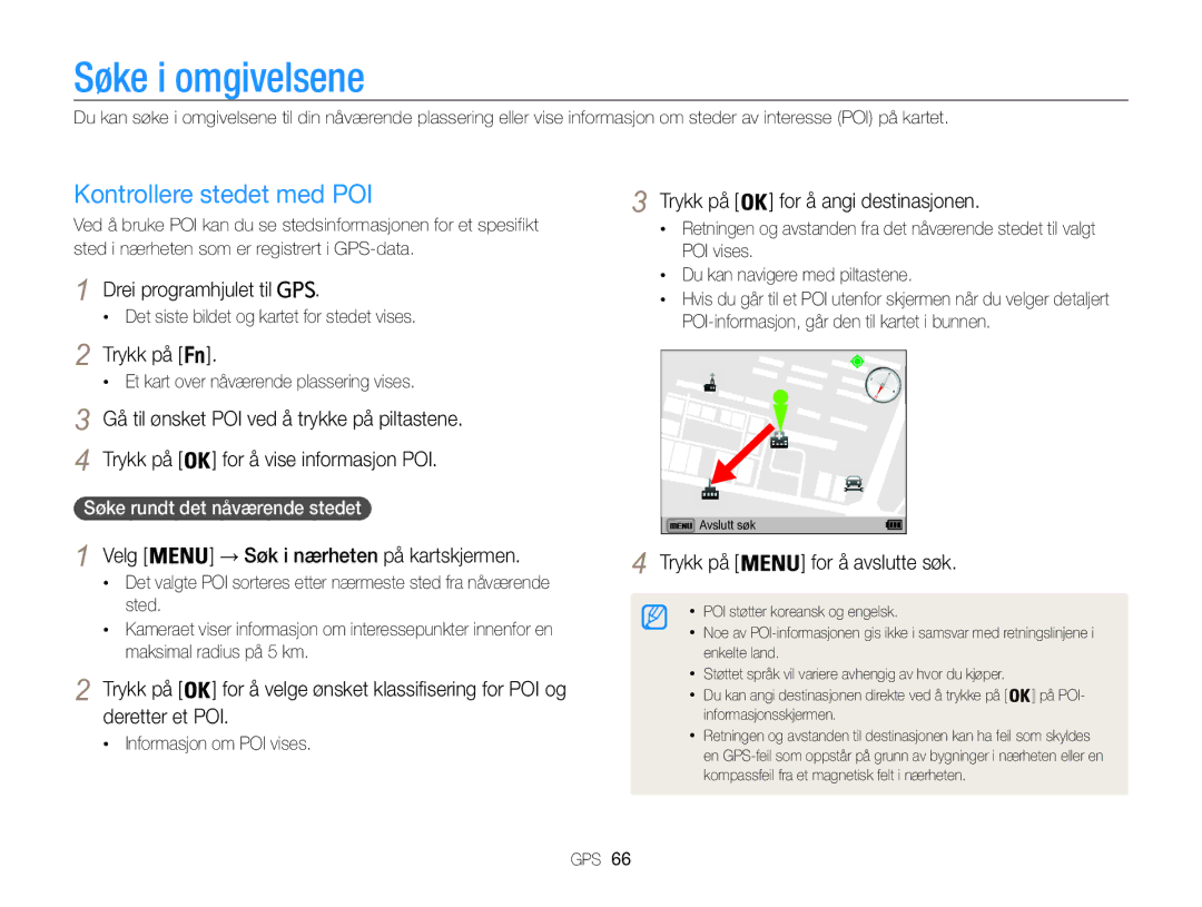 Samsung EC-WB850FBPBE2 manual Søke i omgivelsene, Kontrollere stedet med POI, Velg → Søk i nærheten på kartskjermen 