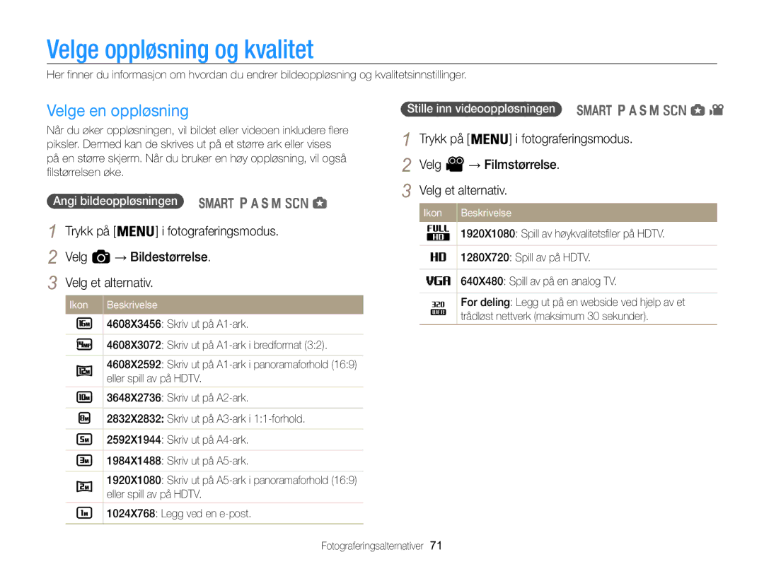 Samsung EC-WB850FBPBE2 manual Velge oppløsning og kvalitet, Velge en oppløsning, Velg → Bildestørrelse Velg et alternativ 