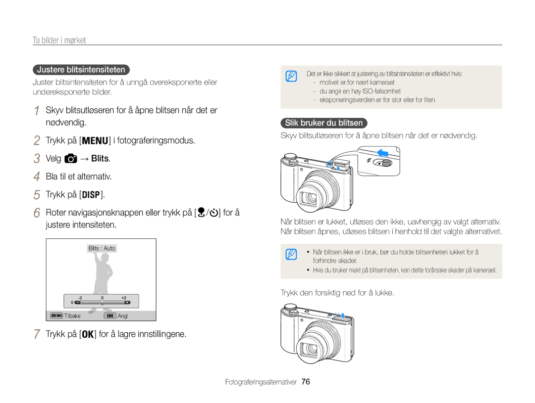 Samsung EC-WB850FBPBE2 manual Velg → Blits Bla til et alternativ Trykk på, Justere intensiteten, Justere blitsintensiteten  