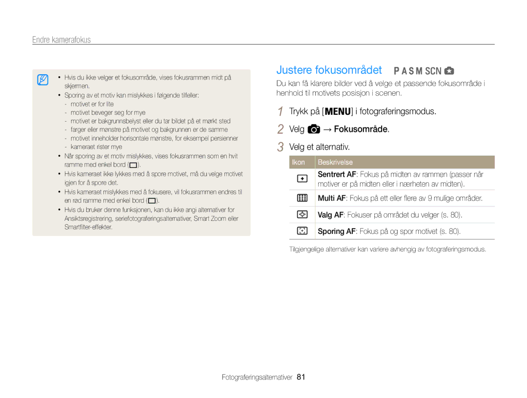 Samsung EC-WB850FBPBE2 manual Justere fokusområdet 