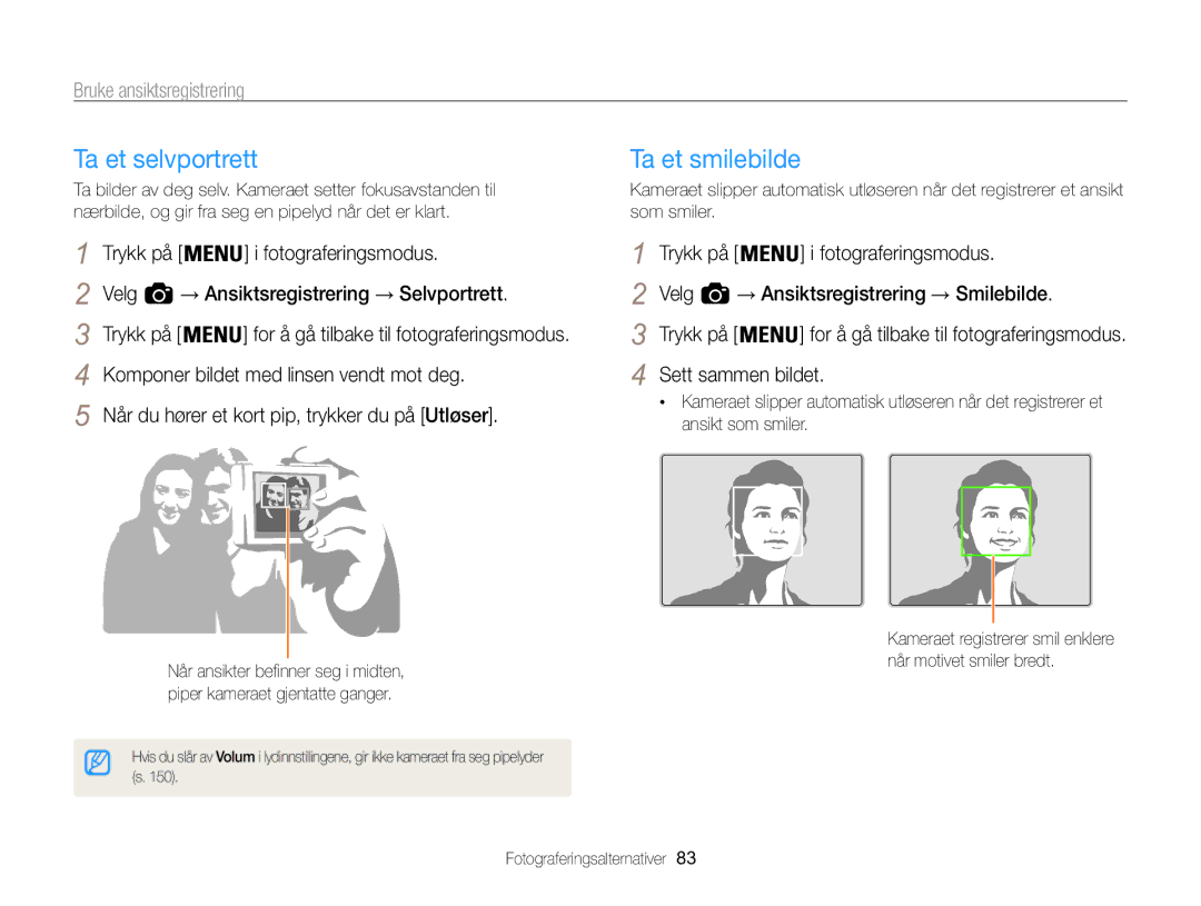 Samsung EC-WB850FBPBE2 manual Ta et selvportrett, Bruke ansiktsregistrering 