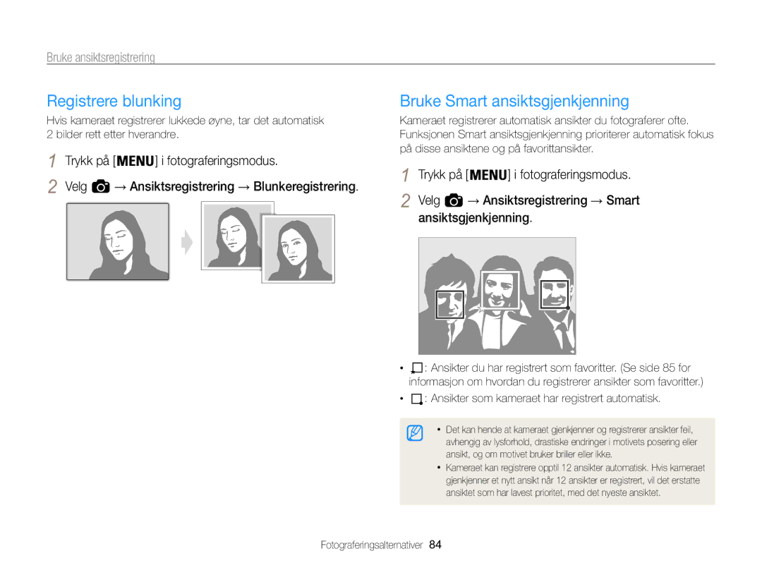 Samsung EC-WB850FBPBE2 manual Registrere blunking, Bruke Smart ansiktsgjenkjenning 