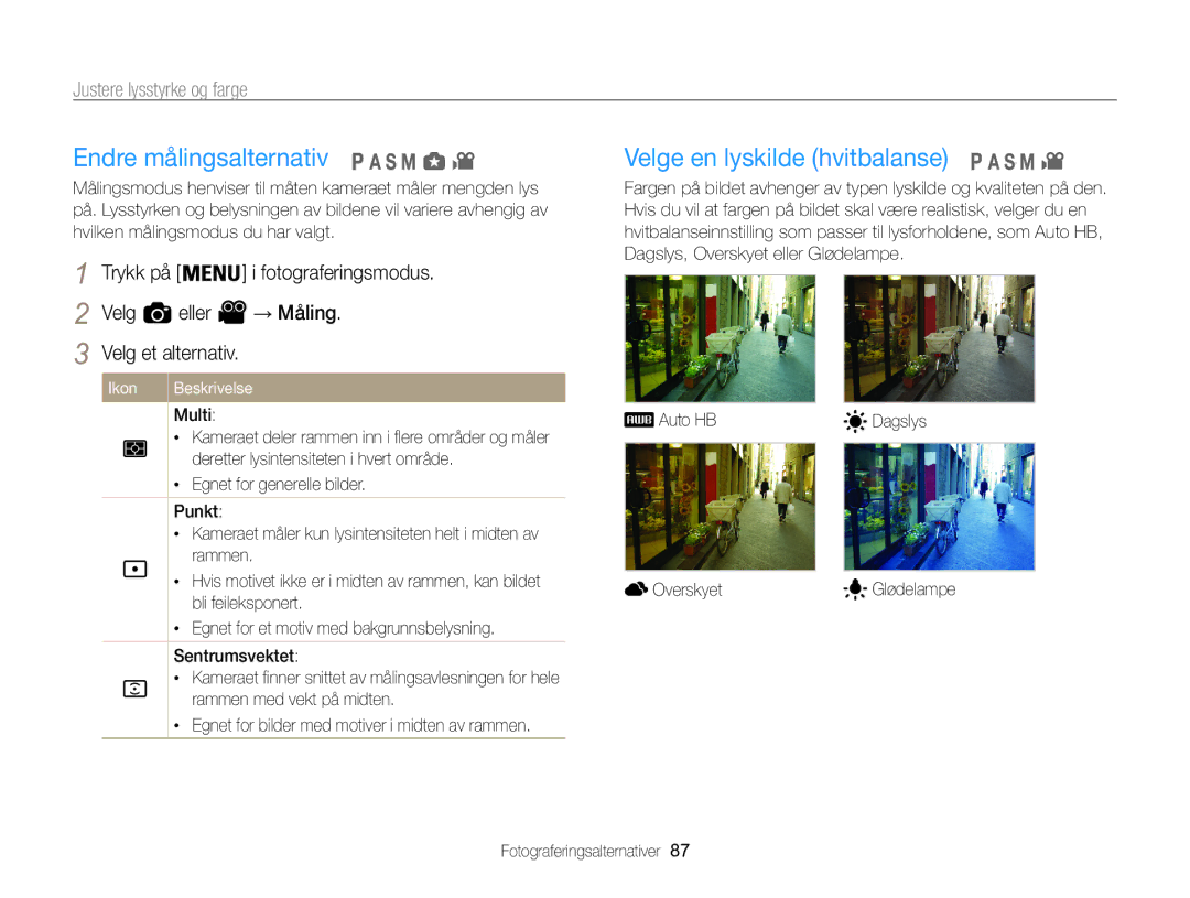 Samsung EC-WB850FBPBE2 manual Endre målingsalternativ, Velge en lyskilde hvitbalanse, Justere lysstyrke og farge 