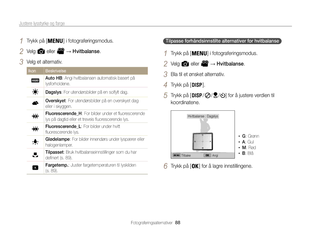 Samsung EC-WB850FBPBE2 manual Koordinatene, Tilpasse forhåndsinnstilte alternativer for hvitbalanse  