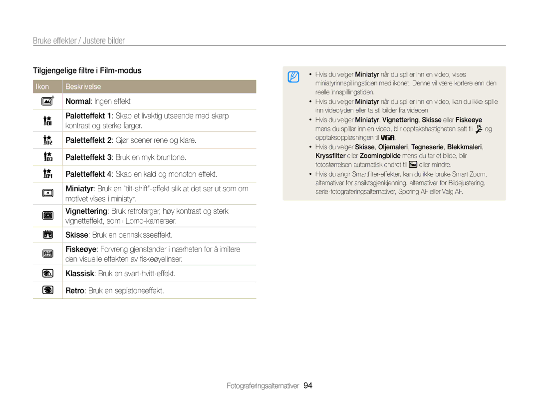 Samsung EC-WB850FBPBE2 manual Bruke effekter / Justere bilder, Tilgjengelige filtre i Film-modus 