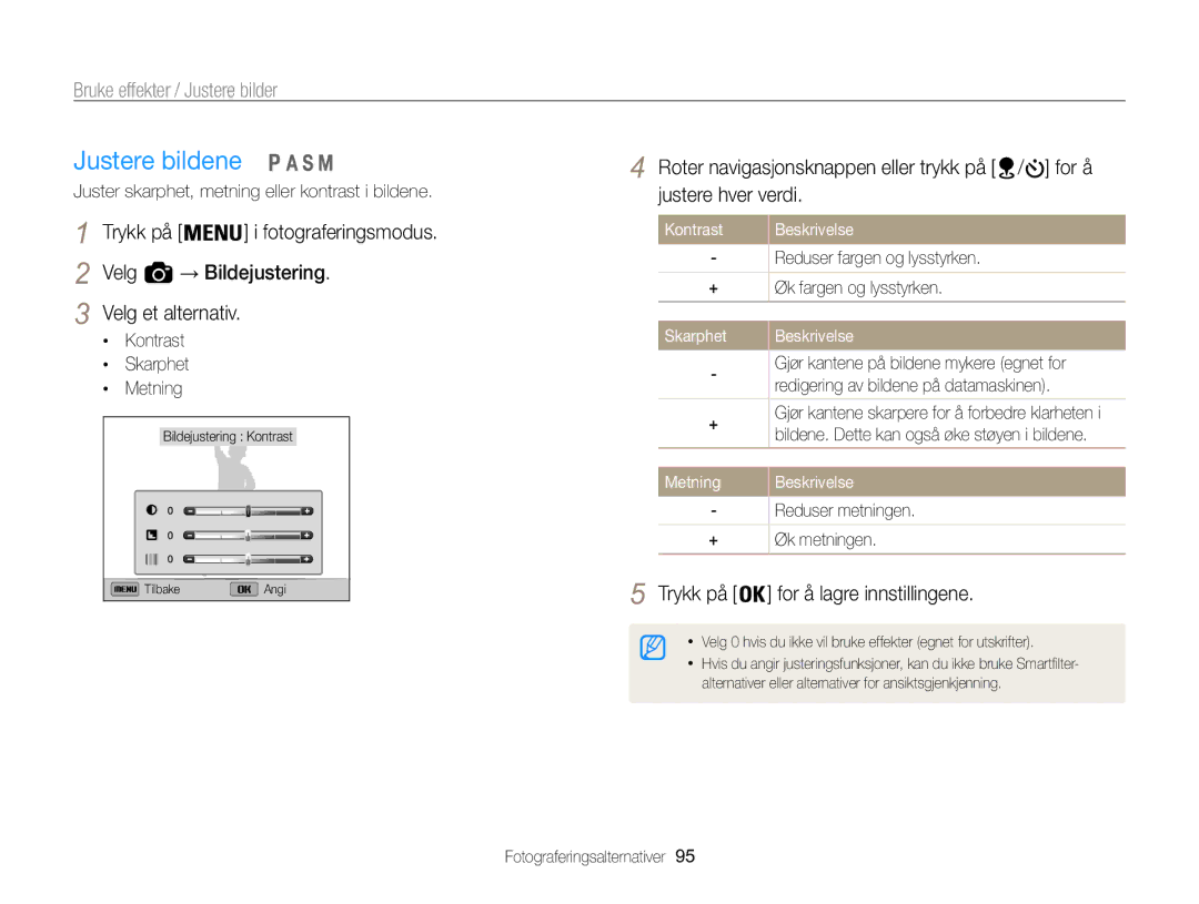 Samsung EC-WB850FBPBE2 manual Justere bildene, Kontrast Skarphet Metning, Kontrast Beskrivelse 