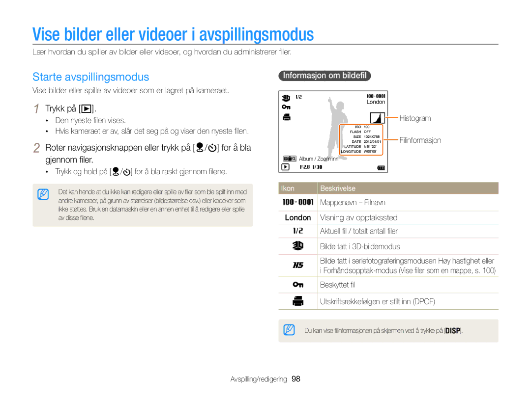 Samsung EC-WB850FBPBE2 manual Vise bilder eller videoer i avspillingsmodus, Starte avspillingsmodus, Den nyeste filen vises 