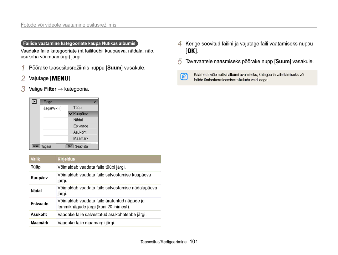 Samsung EC-WB850FBPBE2 manual Failide vaatamine kategooriate kaupa Nutikas albumis 