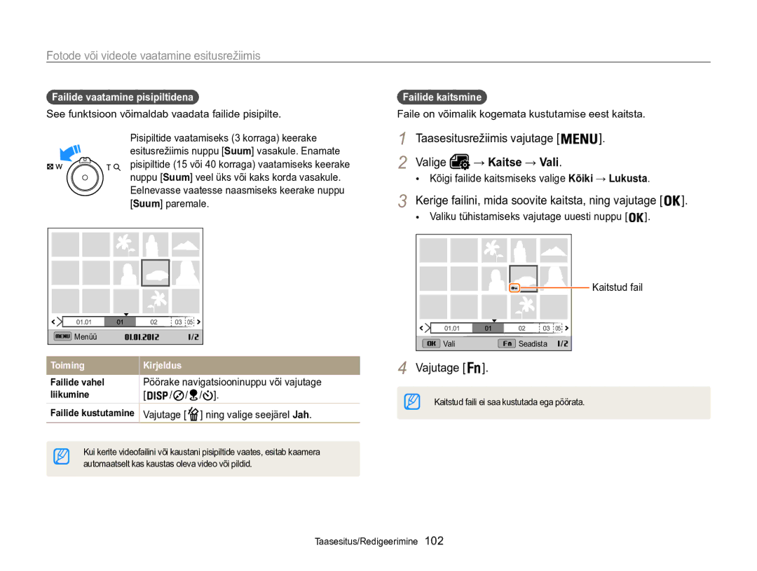 Samsung EC-WB850FBPBE2 manual → Kaitse → Vali, Failide vaatamine pisipiltidena, Failide kaitsmine 