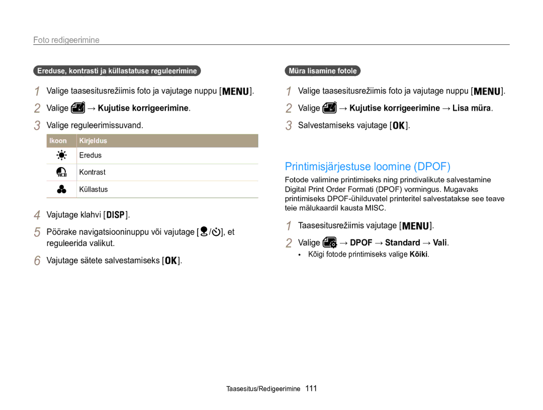 Samsung EC-WB850FBPBE2 manual Printimisjärjestuse loomine Dpof, → Kujutise korrigeerimine, Valige reguleerimissuvand 