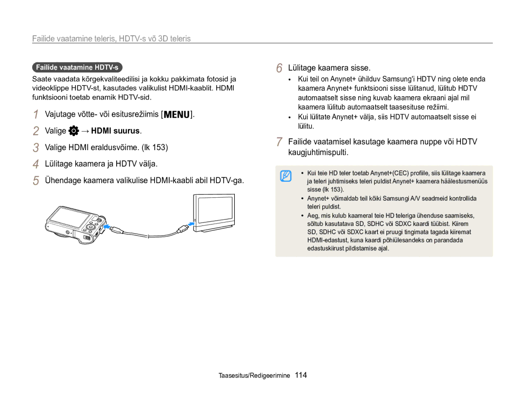 Samsung EC-WB850FBPBE2 Failide vaatamine teleris, HDTV-s võ 3D teleris, Valige → Hdmi suurus, Failide vaatamine HDTV-s 