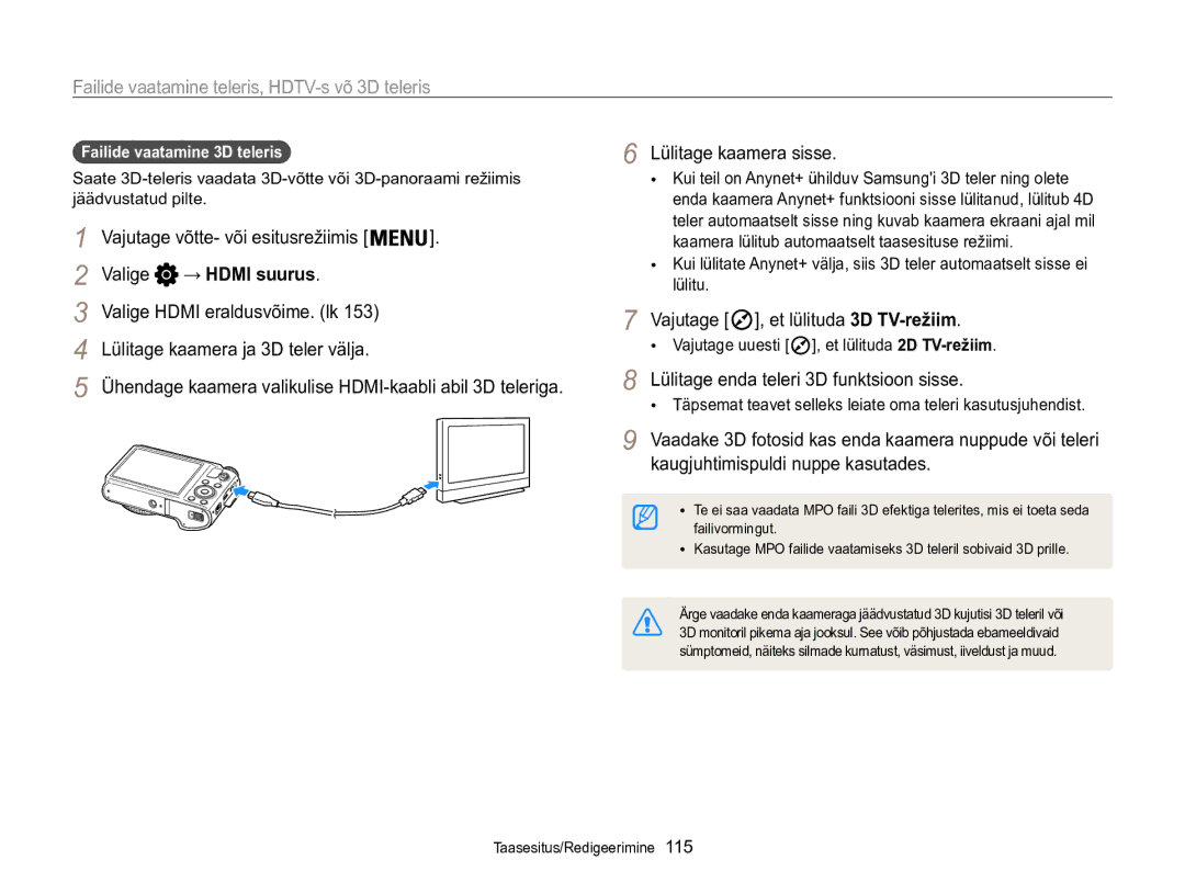 Samsung EC-WB850FBPBE2 manual Vajutage , et lülituda 3D TV-režiim, Lülitage enda teleri 3D funktsioon sisse 