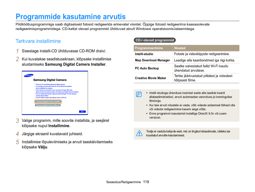 Samsung EC-WB850FBPBE2 manual Programmide kasutamine arvutis, Tarkvara installimine, CD-l olevad programmid 