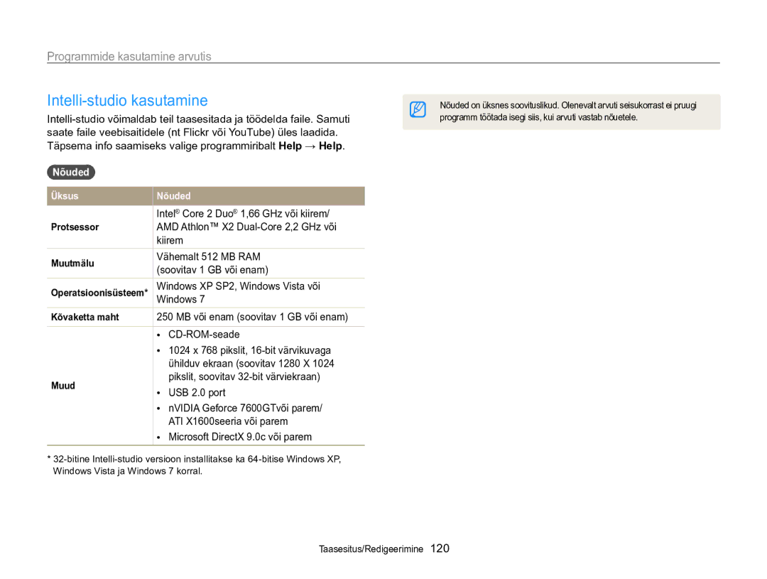 Samsung EC-WB850FBPBE2 manual Intelli-studio kasutamine, Programmide kasutamine arvutis, Nõuded 