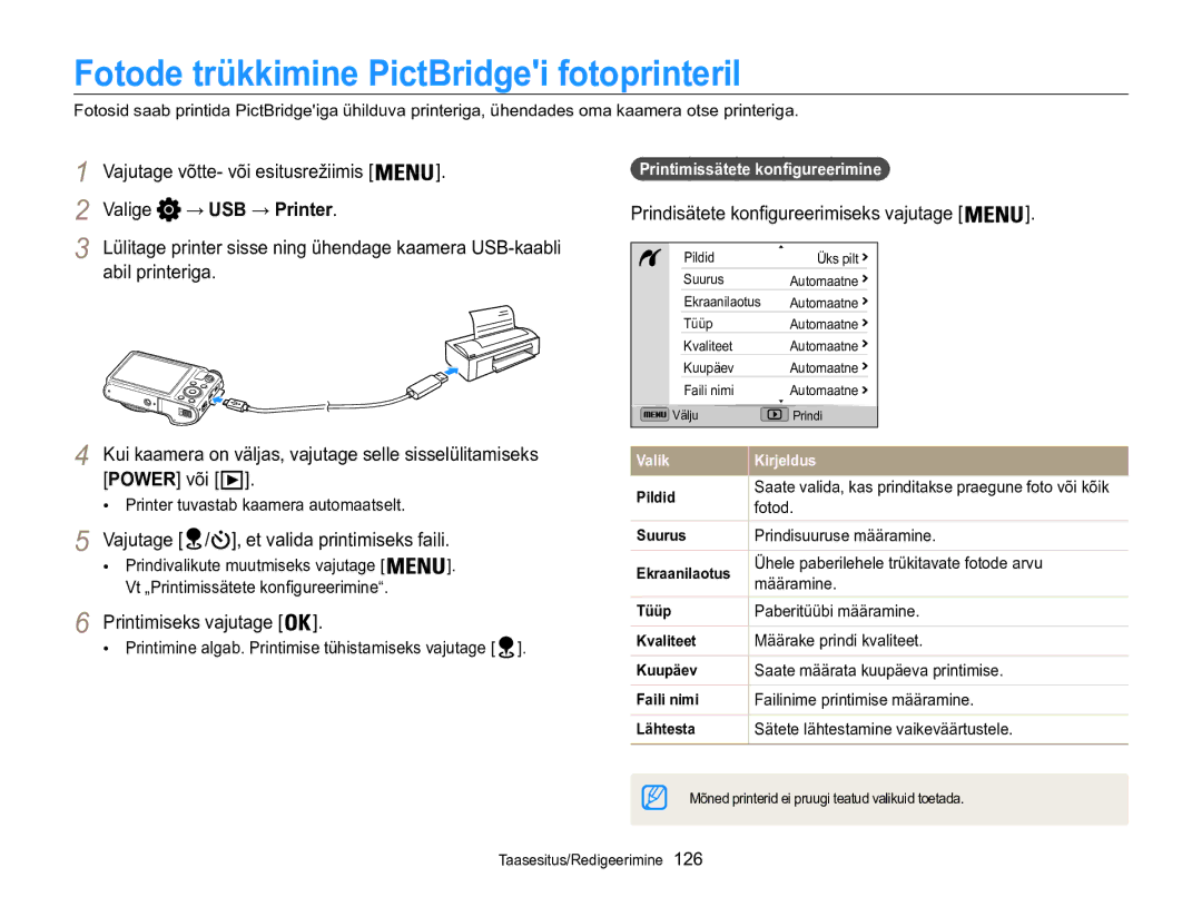 Samsung EC-WB850FBPBE2 manual Fotode trükkimine PictBridgei fotoprinteril, Vajutage / , et valida printimiseks faili 