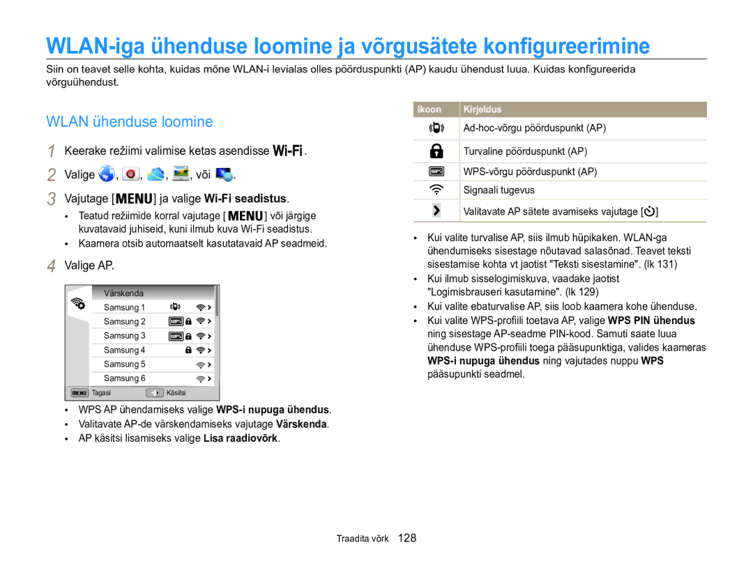 Samsung EC-WB850FBPBE2 manual WLAN-iga ühenduse loomine ja võrgusätete konfigureerimine, Wlan ühenduse loomine, Valige AP 