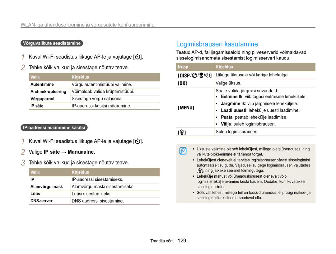 Samsung EC-WB850FBPBE2 manual Logimisbrauseri kasutamine, WLAN-iga ühenduse loomine ja võrgusätete konfigureerimine 