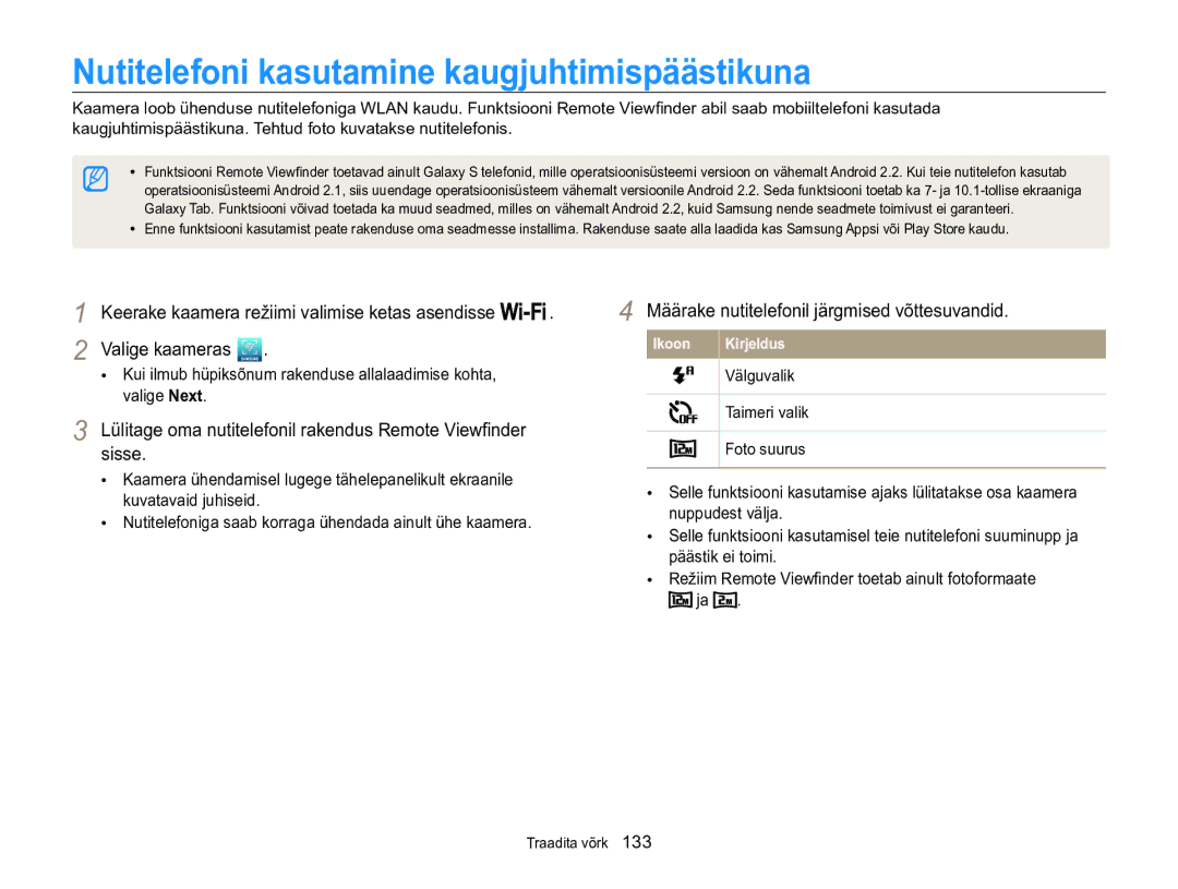 Samsung EC-WB850FBPBE2 manual Nutitelefoni kasutamine kaugjuhtimispäästikuna, Määrake nutitelefonil järgmised võttesuvandid 