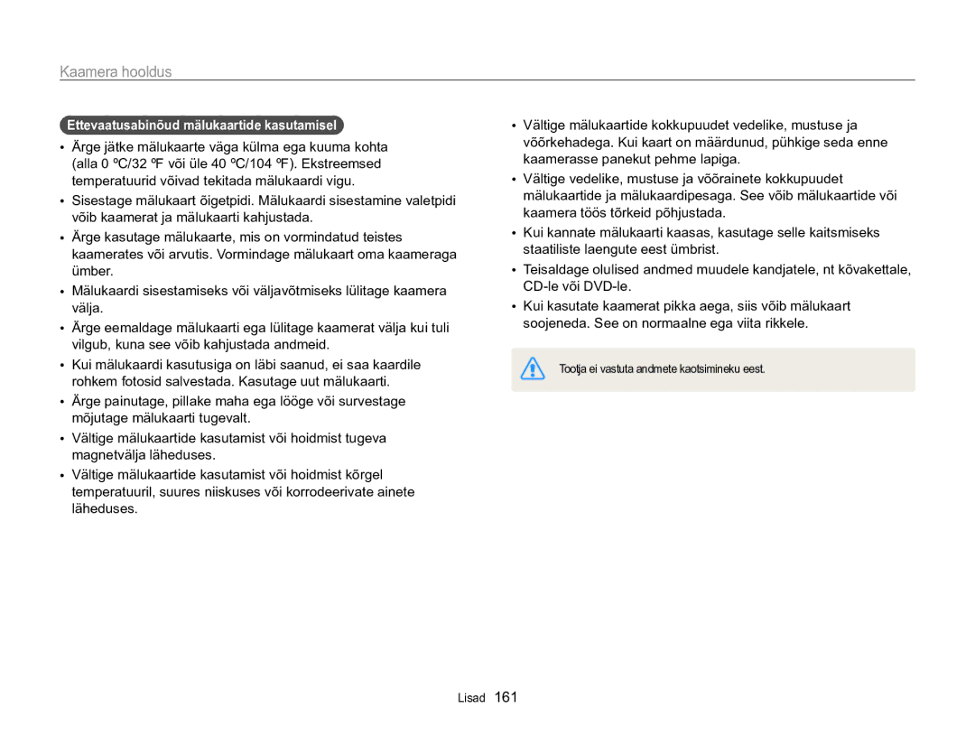 Samsung EC-WB850FBPBE2 manual Ettevaatusabinõud mälukaartide kasutamisel 