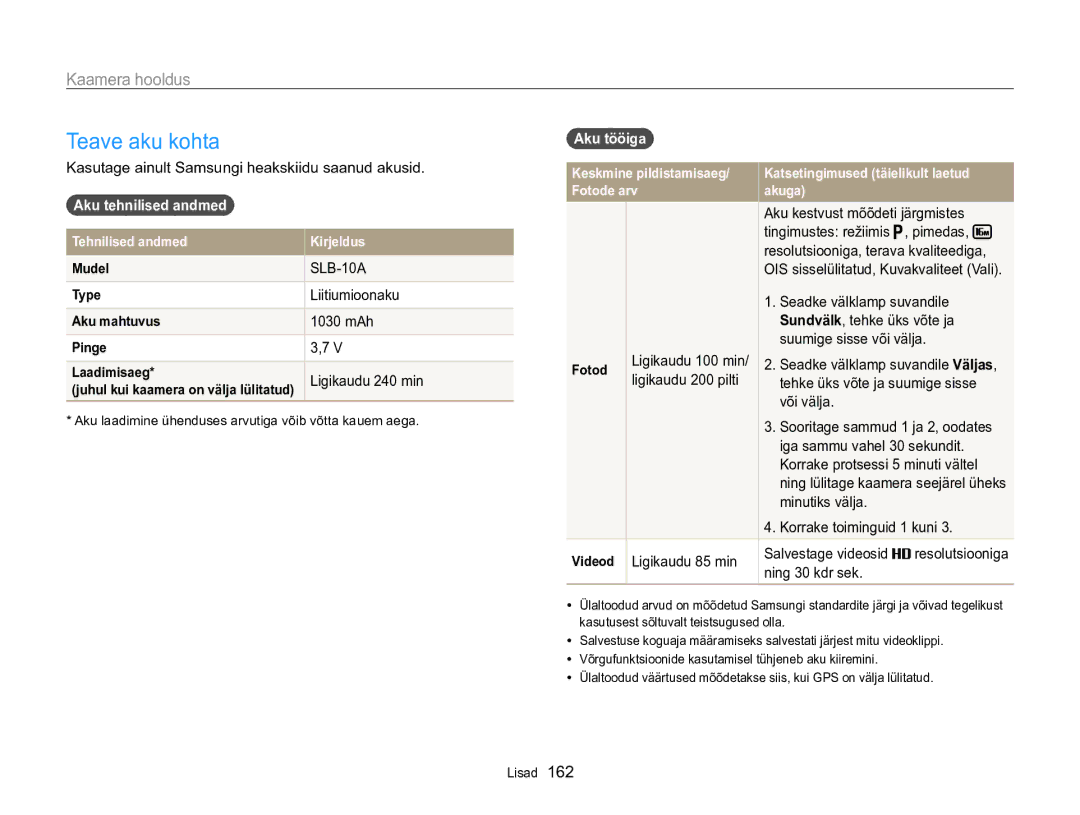 Samsung EC-WB850FBPBE2 manual Teave aku kohta, Aku tehnilised andmed, Aku tööiga 