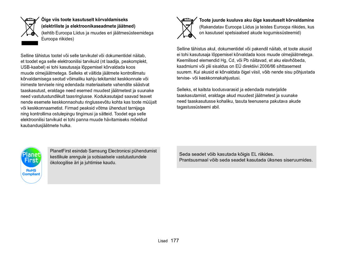 Samsung EC-WB850FBPBE2 manual Toote juurde kuuluva aku õige kasutuselt kõrvaldamine 