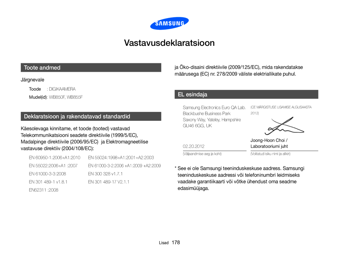 Samsung EC-WB850FBPBE2 manual Vastavusdeklaratsioon, Järgnevale 