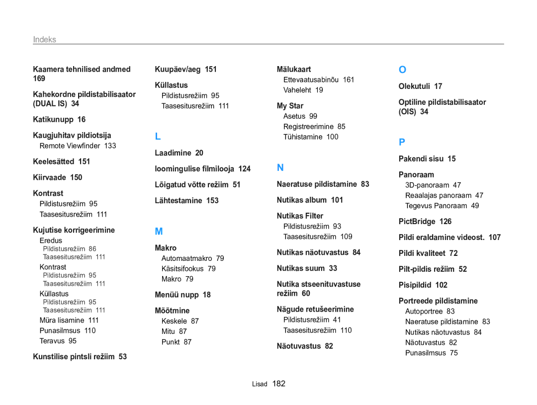 Samsung EC-WB850FBPBE2 manual Indeks, Remote Viewfinder, Eredus, Müra lisamine Punasilmsus Teravus 