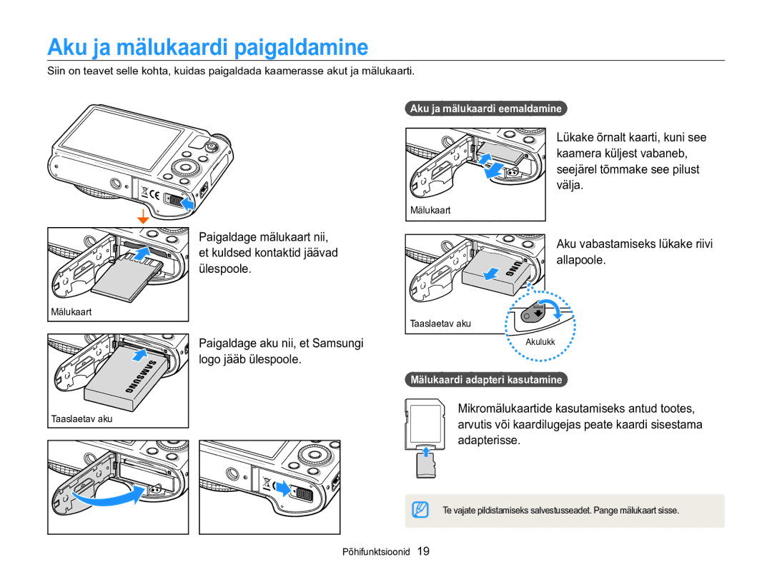 Samsung EC-WB850FBPBE2 manual Aku ja mälukaardi paigaldamine, Ülespoole, Kaamera küljest vabaneb, Välja, Allapoole 