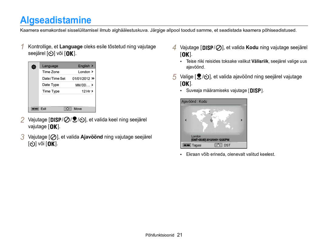 Samsung EC-WB850FBPBE2 Algseadistamine, Valige / , et valida ajavöönd ning seejärel vajutage, Suveaja määramiseks vajutage 