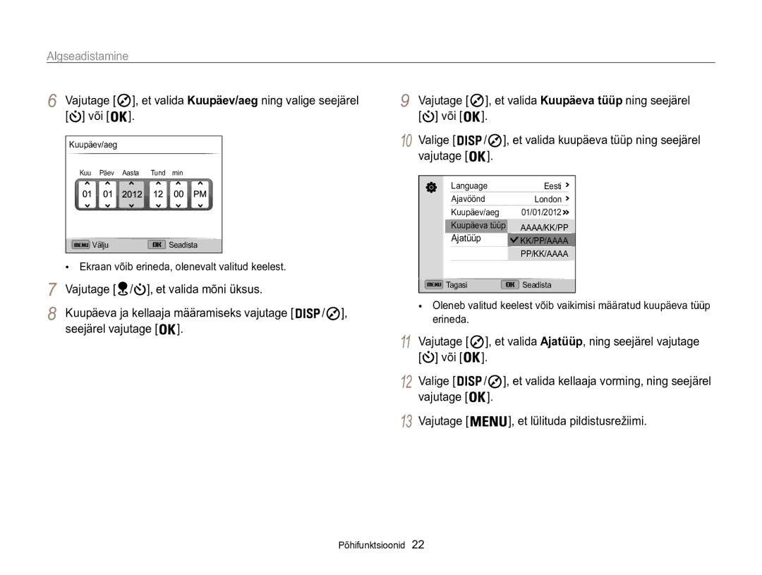 Samsung EC-WB850FBPBE2 manual Algseadistamine, Vajutage , et valida Kuupäev/aeg ning valige seejärel või, Või Valige 