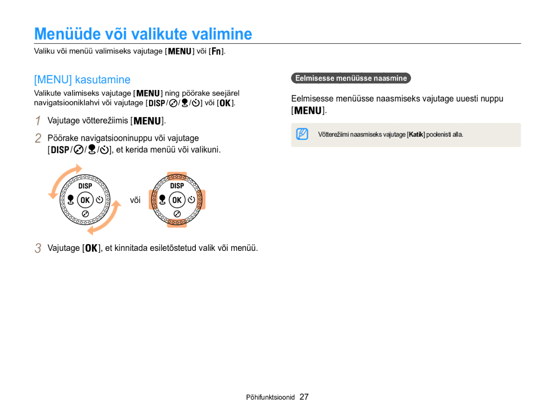 Samsung EC-WB850FBPBE2 manual Menüüde või valikute valimine, Menu kasutamine, Eelmisesse menüüsse naasmine 