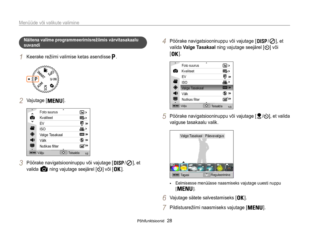 Samsung EC-WB850FBPBE2 manual Menüüde või valikute valimine, Keerake režiimi valimise ketas asendisse Vajutage, Valida 