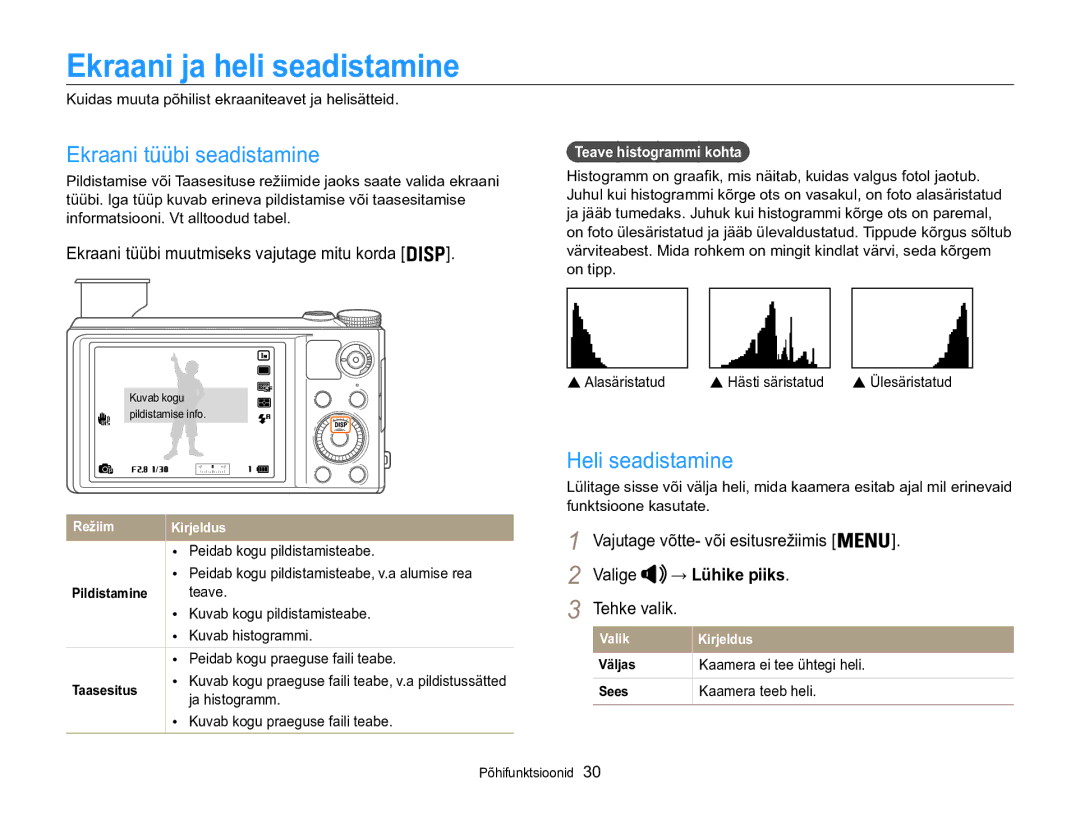 Samsung EC-WB850FBPBE2 manual Ekraani ja heli seadistamine, Ekraani tüübi seadistamine, Heli seadistamine, → Lühike piiks 