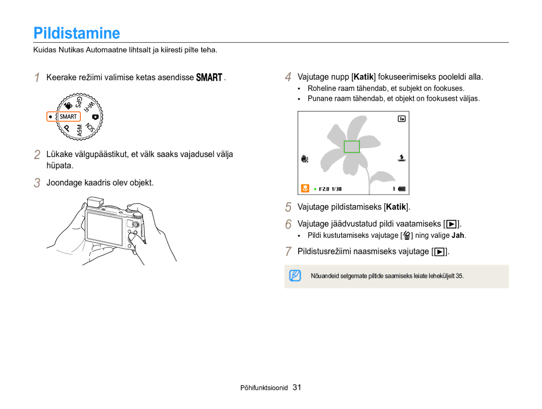 Samsung EC-WB850FBPBE2 Pildistamine, Pildistusrežiimi naasmiseks vajutage, Pildi kustutamiseks vajutage ning valige Jah 