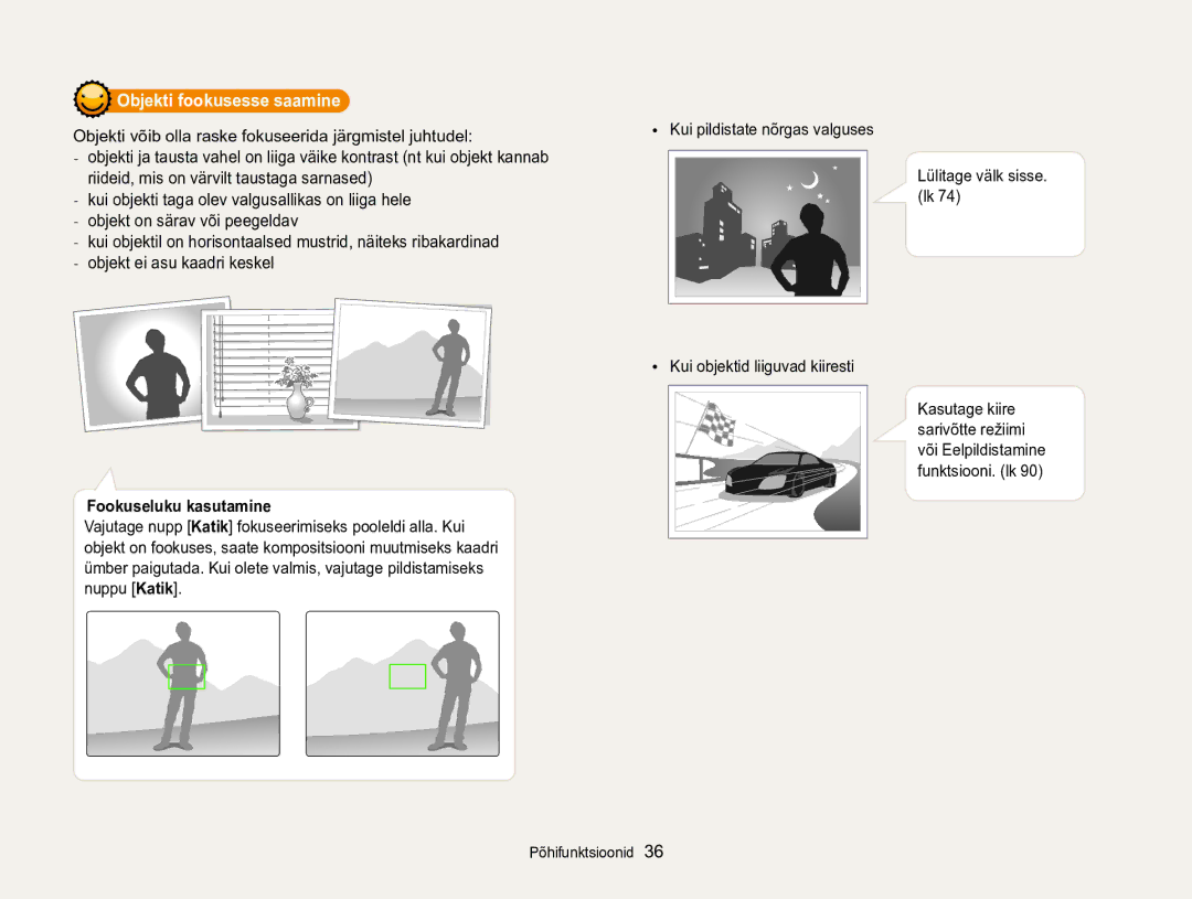 Samsung EC-WB850FBPBE2 manual Objekti fookusesse saamine, Fookuseluku kasutamine 