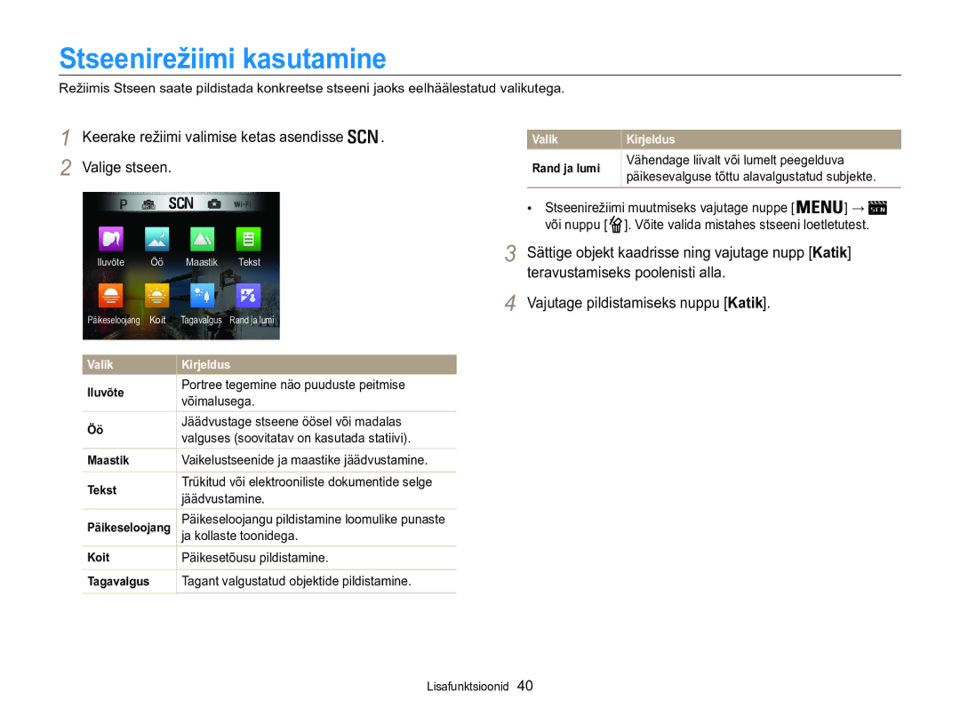 Samsung EC-WB850FBPBE2 manual Stseenirežiimi kasutamine, Keerake režiimi valimise ketas asendisse Valige stseen 