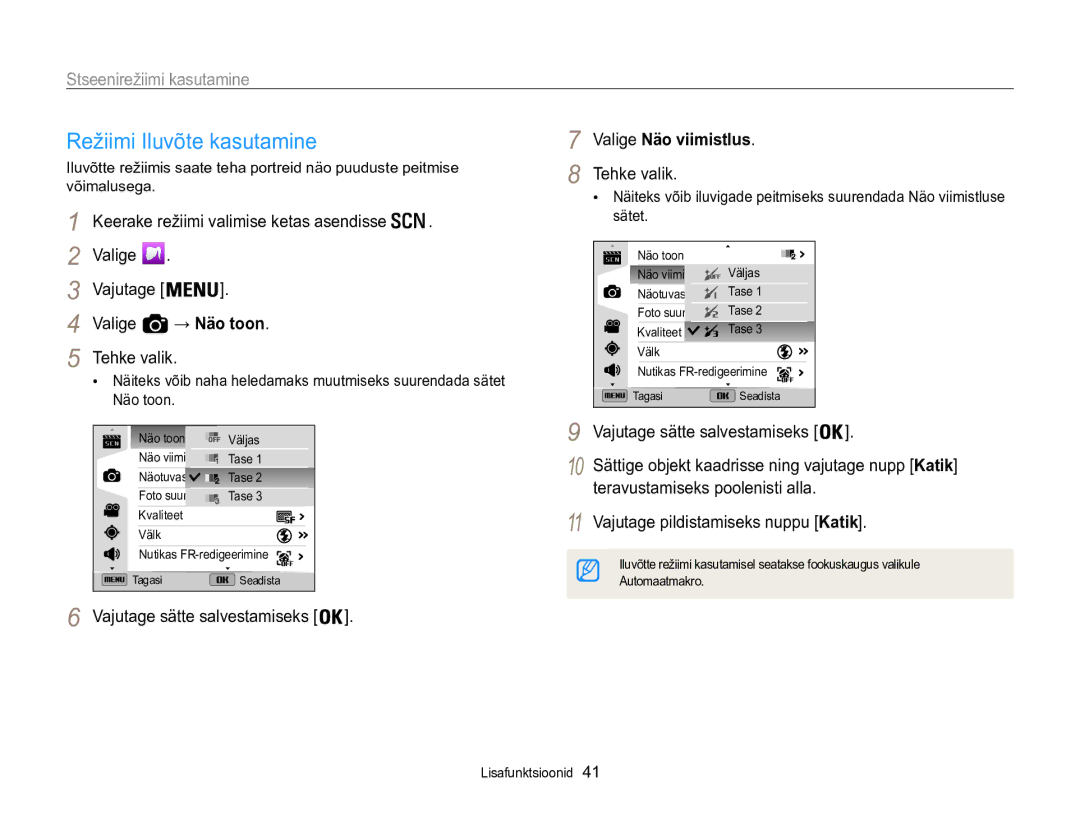 Samsung EC-WB850FBPBE2 manual Režiimi Iluvõte kasutamine, Stseenirežiimi kasutamine, Valige Näo viimistlus 