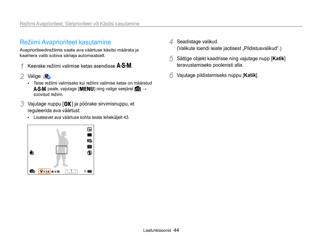 Samsung EC-WB850FBPBE2 manual Režiimi Avaprioriteet kasutamine, Keerake režiimi valimise ketas asendisse Valige 