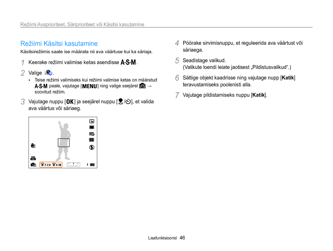 Samsung EC-WB850FBPBE2 manual Režiimi Käsitsi kasutamine 