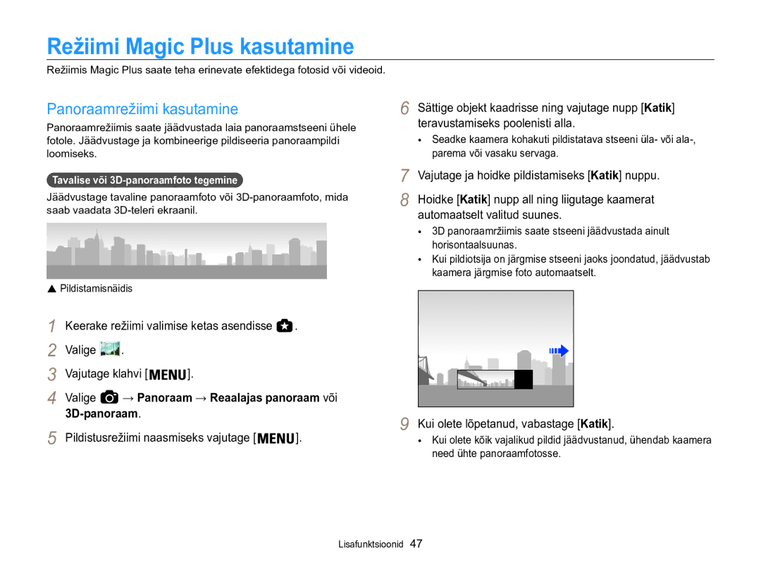 Samsung EC-WB850FBPBE2 Režiimi Magic Plus kasutamine, Panoraamrežiimi kasutamine, Vajutage klahvi Valige, 3D-panoraam 