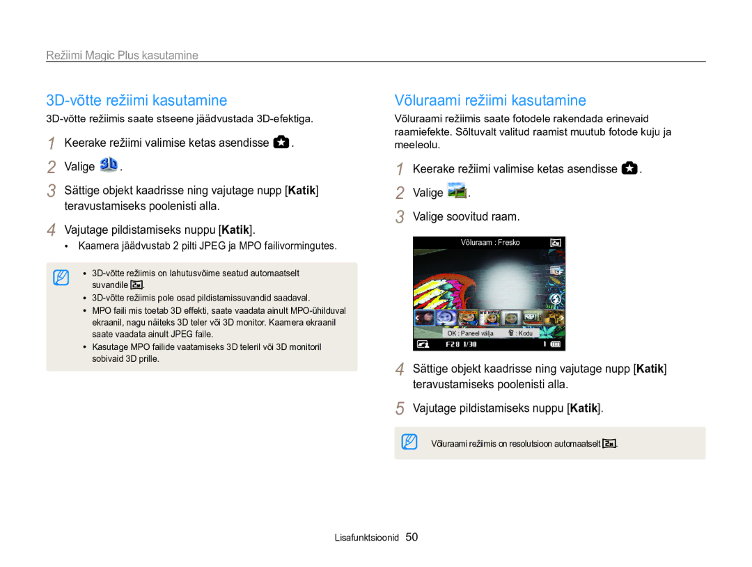 Samsung EC-WB850FBPBE2 manual 3D-võtte režiimi kasutamine, Võluraami režiimi kasutamine, Valige Valige soovitud raam 