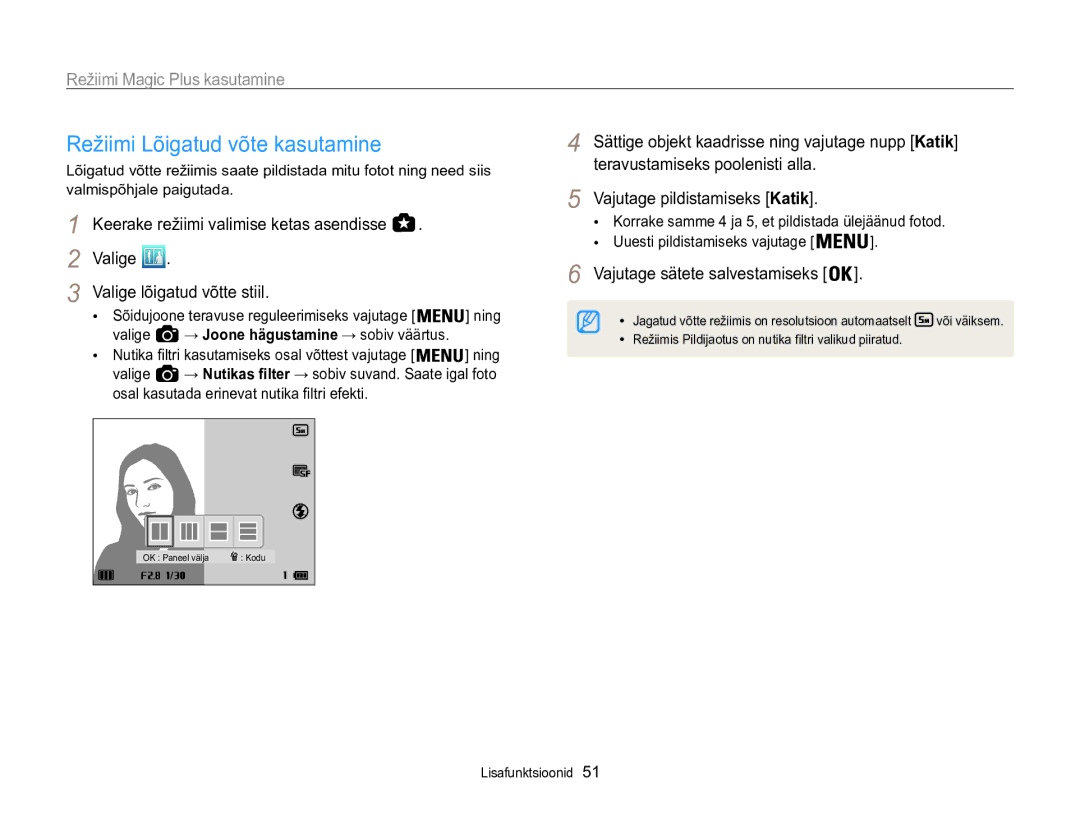 Samsung EC-WB850FBPBE2 manual Režiimi Lõigatud võte kasutamine, Vajutage sätete salvestamiseks 