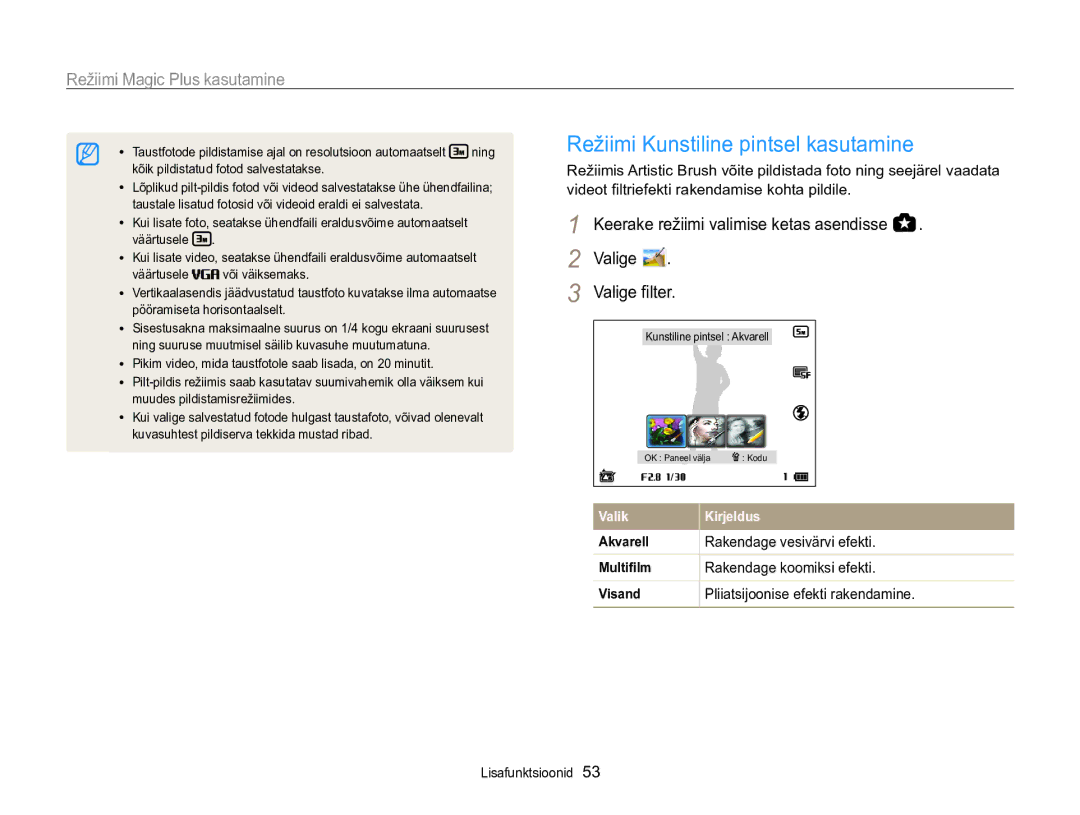 Samsung EC-WB850FBPBE2 manual Režiimi Kunstiline pintsel kasutamine, Valige Valige filter, Rakendage vesivärvi efekti 