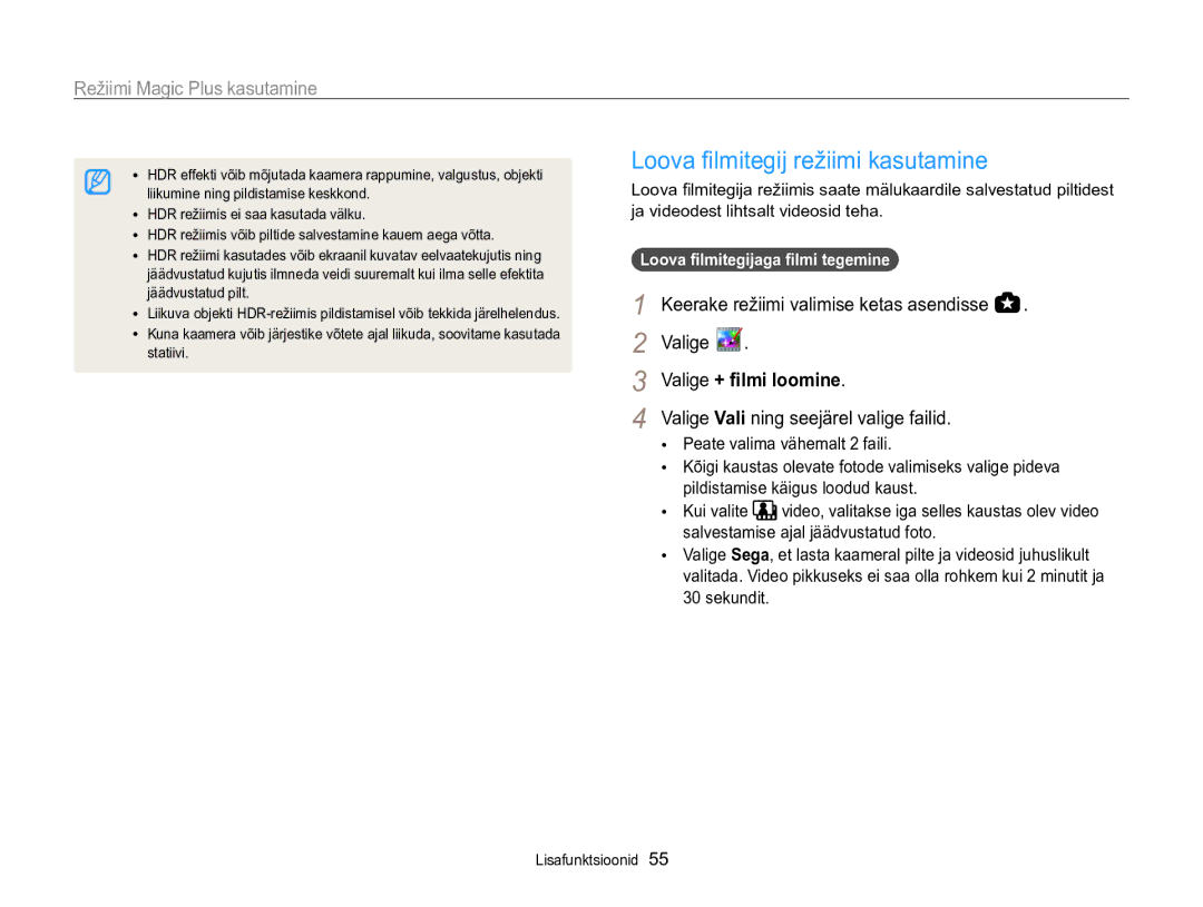 Samsung EC-WB850FBPBE2 manual Loova filmitegij režiimi kasutamine, Valige + filmi loomine 